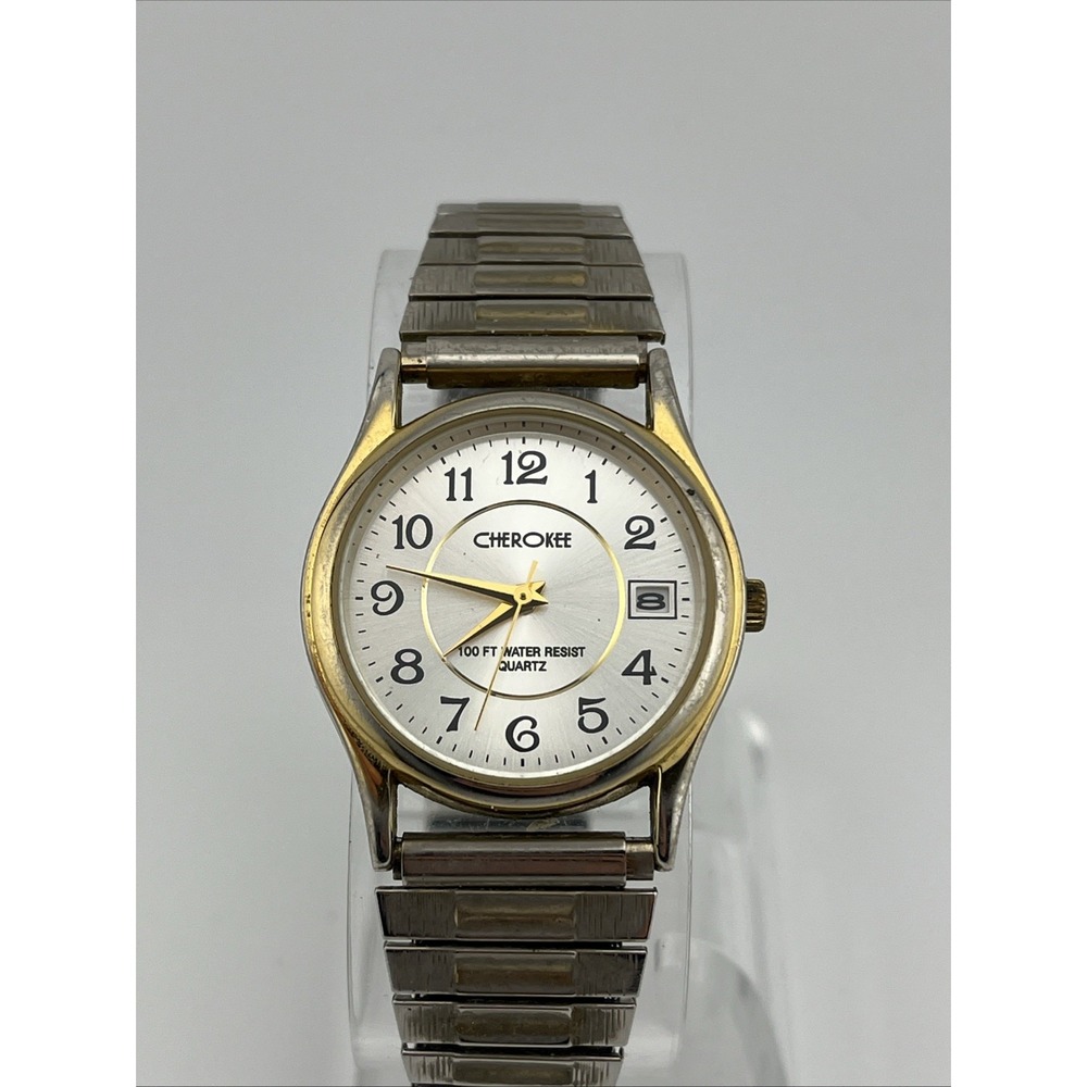 Cherokee Watch Men 32mm Gold Case Silver Stretch Band- New‎ Battery
